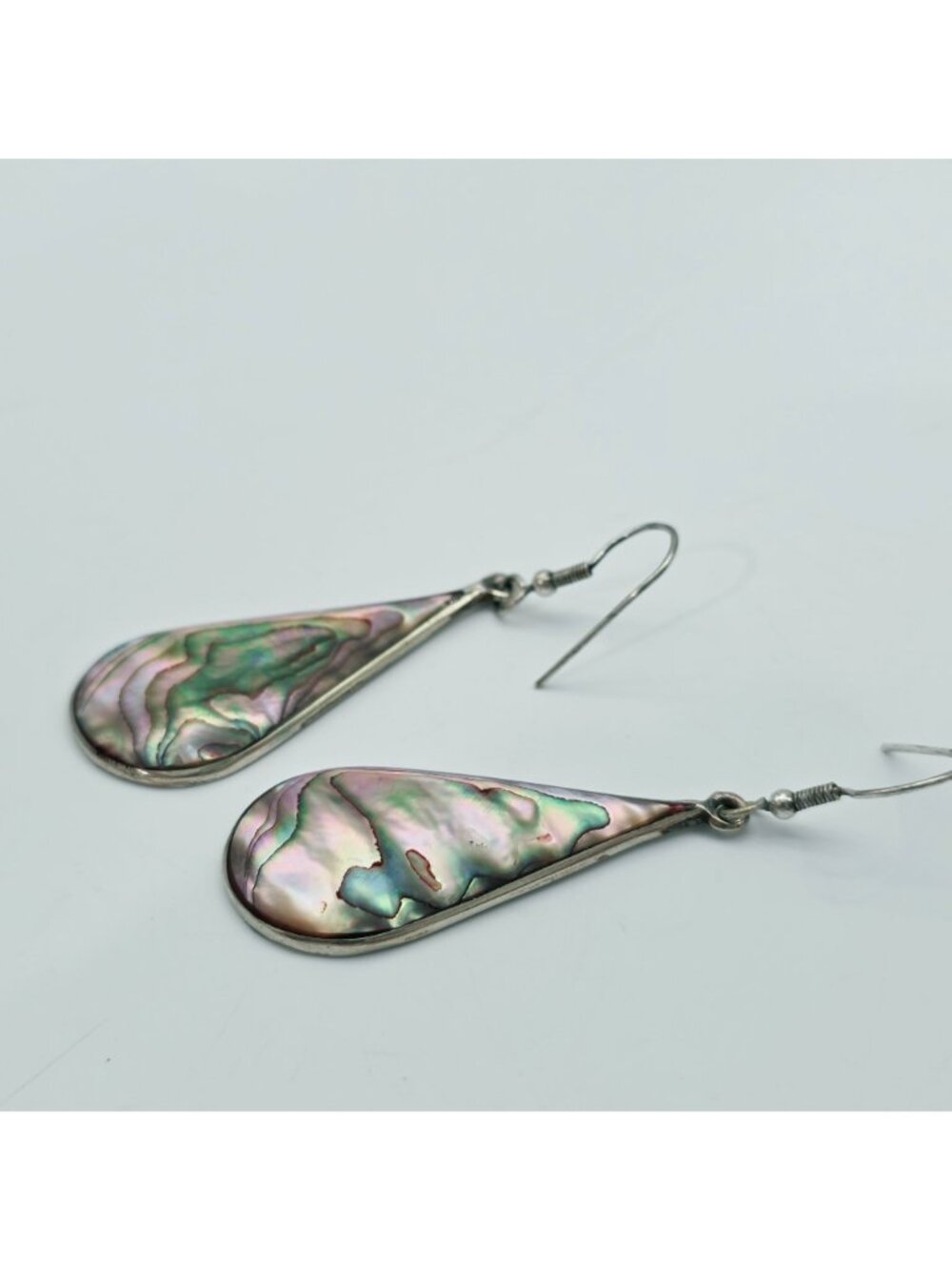 Sterling Silver Abalone Shell Teardrop Dangle Earrings Handmade 925 Stamped - Picture 3 of 5